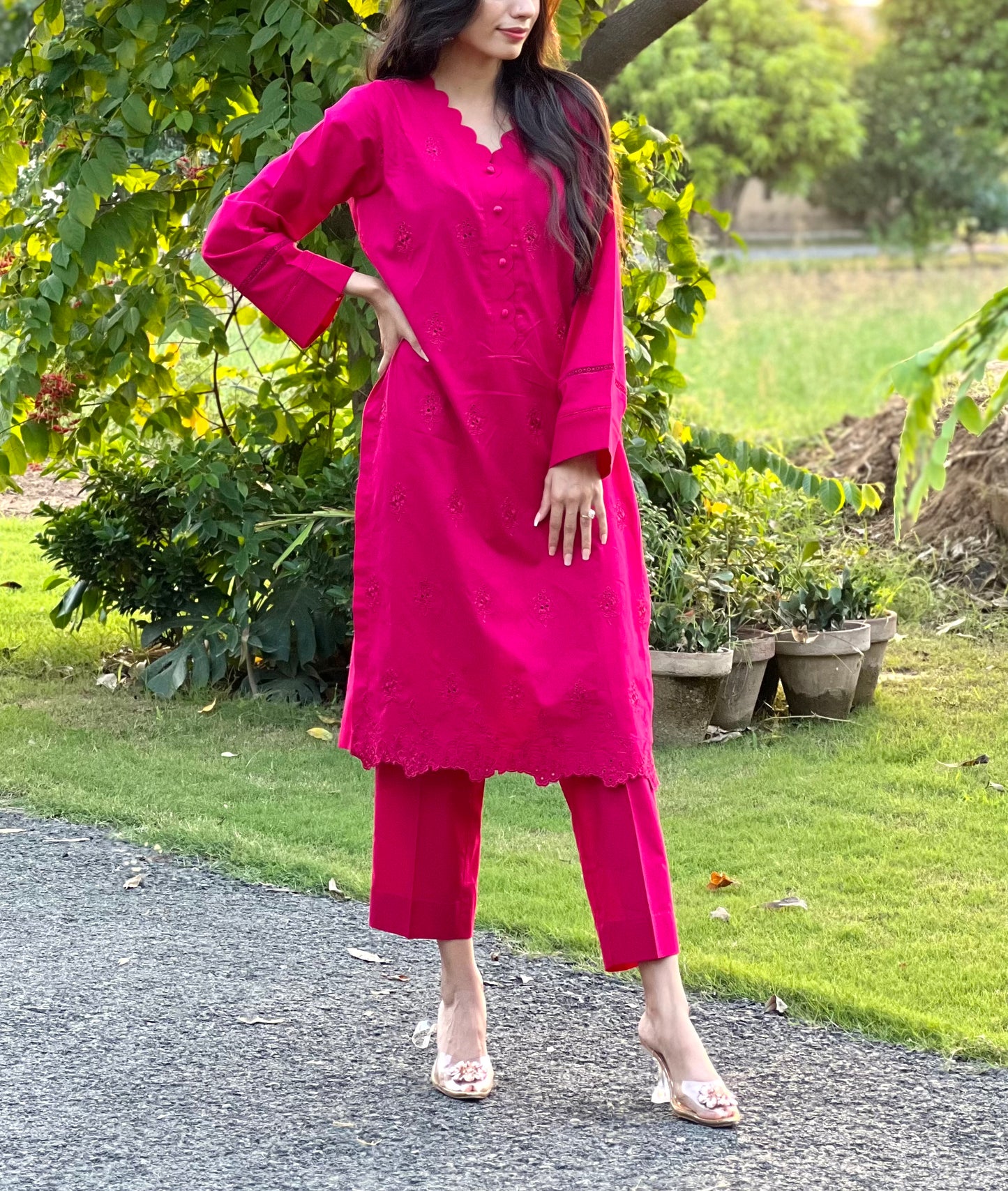 Fuchsia Pink 2-Piece Cotton Suit ( Unstitched )